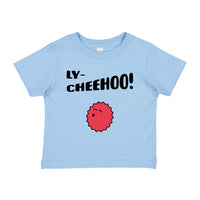 LY-CHEEHOO tee, in light blue, hot pink, heather grey and pink