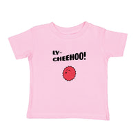 LY-CHEEHOO tee, in light blue, hot pink, heather grey and pink