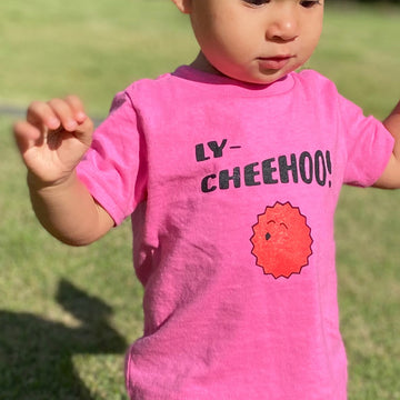 LY-CHEEHOO tee, in light blue, hot pink, heather grey and pink